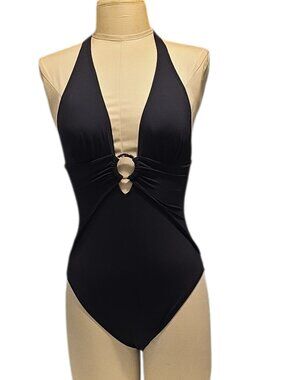 Size 8 Carmen Marc Valvo Plunge Halter Neckline Shirred Front 1 Piece Swimsuit